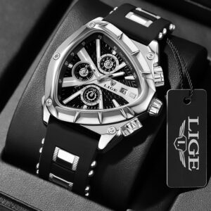 LIGE Men Watch Luxury Business Quartz Watches Silicone Strap Sport Chronograph Men’s Wristwatch Waterproof Luminous Triangle sh