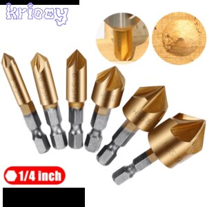 6 Pcs Countersink Drill Bit Set 1/4” Hex Shank HSS 5 Flute Countersink 90 Degree Wood Chamfering Cutter Woodworking Tools