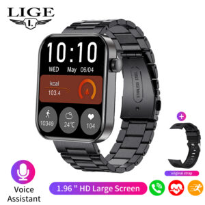 LIGE 1.96 inch Bluetooth Call Smart Watch Health Monitor Custom Watch Face Men’s Watches Waterproof Antistatic Men Smartwatches