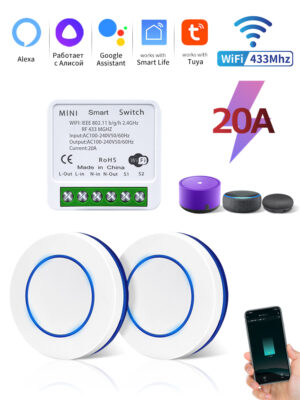 20A Tuya WiFi Smart Switch 16A RF 433Mhz Wireless Relay Receiver Mini Round Panel Switch Alexa Google Home Alice Voice Control