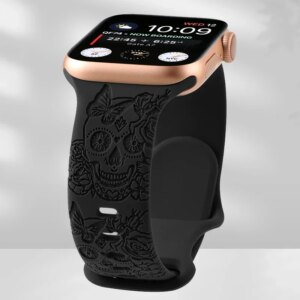 Skull Engraved Strap For Apple Watch Band Ultra 2 49mm 45 44 40 41 42 38mm Silicone Sport Bracelet For iWatch Series 8 9 7 65 SE
