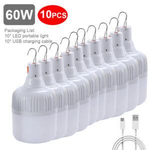 10PCS USB rechargeable bulb outdoor camping emergency light 60W waterproof tent lamp portable hanging garden field work lights