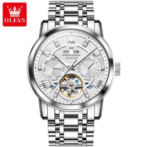 OLEVS 6701 Luxury Skeleton Flywheel Automatic Watch for Men Dual Calendar Wrist Clock Waterproof Luminous Stainless Steel Watch