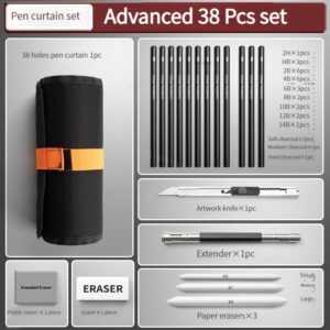 27/38/47pcs Sketch Pencils Set Roll Up Canvas Wrap Sketching Pencil Bag Art Drawing Supplies Charcoals Kneaded Eraser