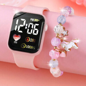 1pcs Ladies Love Pink Silicone LED Electronic Watch +1pcs Unicorn Crystal Bracelet Set for MOTHER’S Day Exclusive Gift