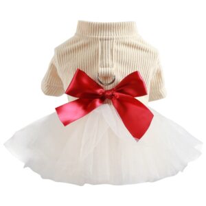 Winter Warm Dog Girls Sweater Dress Bowtie Tutu Skirt with D Leash Ring Pet Knitted Clothes for Small Medium Dog Puppies Sweater