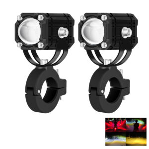 2pcs Motorcycle Spotlight Projector Lens 3 Color Mini LED Headlight Yellow White Driving Lamp Universal for Moped Bike Fog Light