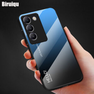 Biruiqu For VIVO V30 Lite Shockproof Gradient Tempered Glass Back Soft Silicone Edge Case Cover