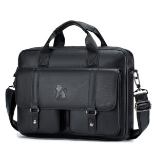Genuine leather men’s briefcase with double front pockets, large capacity computer bag, diagonal cross handbag