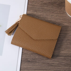 New women’s folding wallet with tassel decoration, high-quality PU leather credit card storage bag, simple and casual multi card