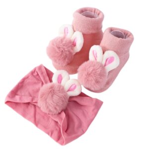 New Cute Cartoon Bunny Baby Socks for Boys Girls Winter Warm Soft Non-Slip Socks Newborn Infant Short Socks with Headband 0-12M