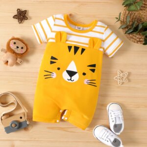 PatPat Baby Boy Animal Print Striped Short-sleeve Spliced Romper Soft and Comfortable Perfect for Outings and Daily Wear