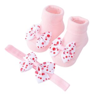 Baby Girls Headband + Socks Set Toddler Dot Print Bow Anti-Skid Cute Floors Socks Princess Footwear With Elastic Hair Bands