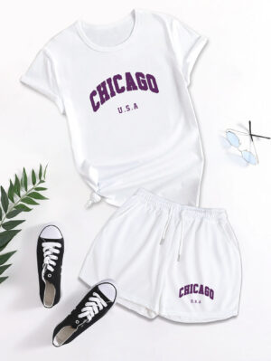Printed two-piece set, short sleeved T-shirt and shorts, women’s clothing
