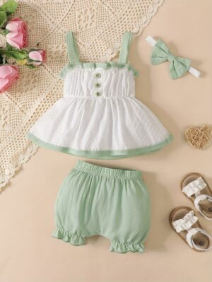 Baby’s Comfy Cotton 2pcs Summer Outfit, Sleeveless Peplum Top & Shorts Set, Toddler & Infant Girl’s Clothes, As Gift