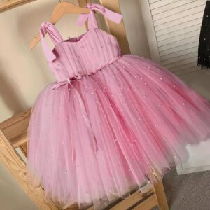 Summer Girls Tulle Dress Princess Party Tutu Fluffy Pearl Dress Kids Evening Gown 1-5Yrs Children Clothing Baby Clothes Vestidos