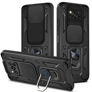 Slide Camera Lens Armor Case For Xiaomi Poco X3 Pro NFC Magnetic Car Holder Ring Shockproof Bracket Luxury Protect Phone Cover