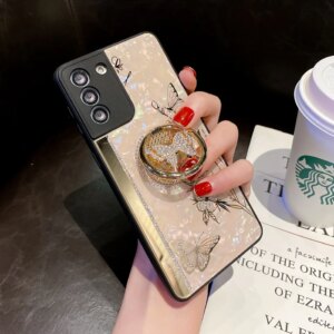 Luxury Butterfly Ring Holder Phone Case For Samsung Galaxy A55 A35 A14 A72 A54 A53 A52 A34 A32 4G 5G Mirror Glossy Cover Fundas