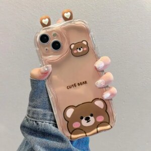 Cute 3D Ears Bear Rabbit Case for IPhone 15 Pro Max 14 13 12 11 Pro Max Cream Wave Edge Soft Cover