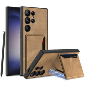 For Samsung Galaxy S24 Ultra Case Ultra Thin Matte Plain Leather Card Bag Magnetic Folding Holder Bracket Shockproof Back Cover