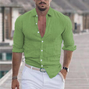 Cross-border 2024 new men’s summer cotton linen lapel beach shirt long sleeve solid color Hawaiian holiday clothing