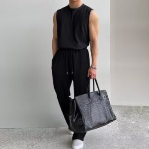 Ice Silk Sports Suit Men’s Summer Vest Sleeveless T-shirt Ruffian Handsome High-end Men’s Korean Sportswear Two-piece Set