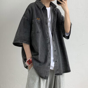 American retro workwear Denim coat men’s high street lapel shirt spring and autumn oversize loose half sleeve top