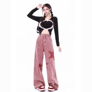American retro star embroidered jeans women’s early autumn new dopamine wear high waist loose wide leg pants