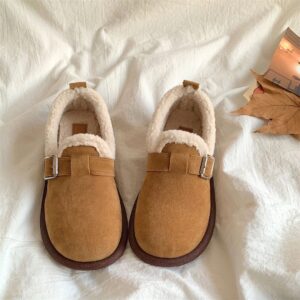 Birkenstock Shoes Women’s Fleece-lined Autumn and Winter New plus Velvet Soft Bottom Slip-on Flat Gommino Thermal Furry Shoes Bread Shoes