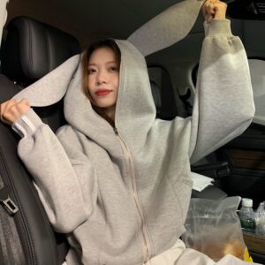 Anti-Pilling 2023 Internet Celebrity Rabbit Ear Hooded Sweatshirt Women’s Short Grey All-Match Loose Lazy Style Coat