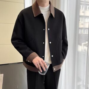 2024 autumn and winter popular fashion color matching lapel jacket men’s fashion handsome contrast color design loose casual jacket fashion