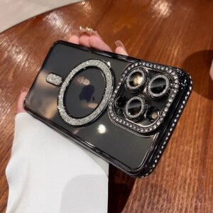 Fashion Glitter Diamond Clear Phone Case For iPhone 15 14 13 12 11 Pro Max 15 Plus Magnetic For Magsafe Wireless Charge Cover