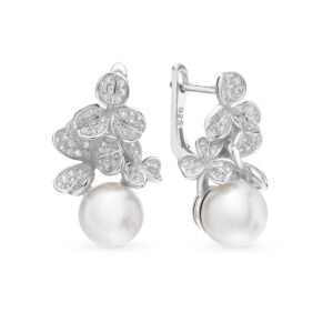 Jingxu S925 Sterling Silver Micro-inlaid Zircon Pearl Earrings Flower Leaves Advanced Retro Style Earrings Mother’s Day Gift