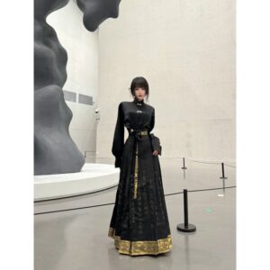 Daily Commuter Hanfu Suit Women’s Autumn and Winter New Chinese Style National Style Vertical Collar Shirt Horse Face Dress Two-piece Set