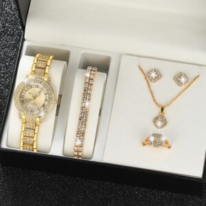 7pcs Women’s Watch Fashion Casual Round Pointer Quartz Watch and Necklace Bracelet Ring Earring Set