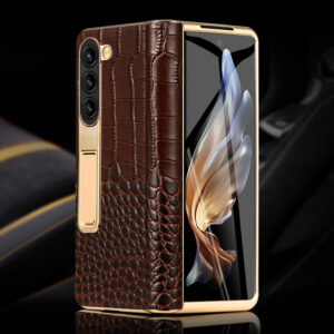 LANGSIDI Leather Case for Samsung Galaxy Z Fold 6 5 4 3 Fold6 Fold5 Gold Plating Magnetic Hinge Stand Cover with Mirror Film