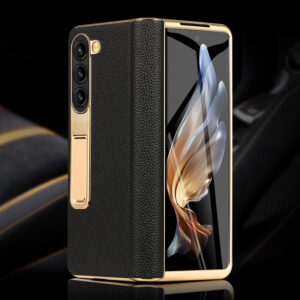 LANGSIDI Leather Case for Samsung Galaxy Z Fold 6 5 4 3 Fold6 Fold5 Gold Plating Magnetic Hinge Stand Cover with Mirror Film