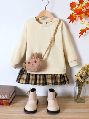 Spring And Autumn Girls Set Round Neck Long Sleeve Sweater Plaid Short Skirt Fashion Cute Children
