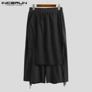 INCERUN Men Casual Pants Solid Streetwear Joggers Baggy Irregular Skirts Trousers Men 2024 Harajuku Elastic Waist Wide Leg Pants