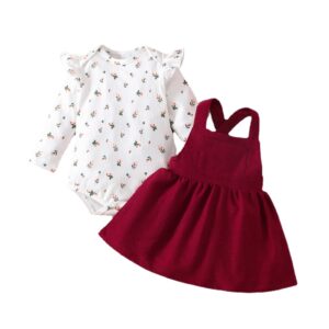 2PCS Newborn Baby Princess Dress Ruffle Long Sleeves Bodysuit+Red Strap Skirt for 0-18 Months Infant Girl Birthday Party Outfits