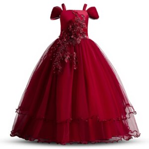 Elegant Teen Girls Birthday Party Gown Princess Lace Appliques Bridesmaid Flower Dress for Wedding Kids Formal Prom Long Gown
