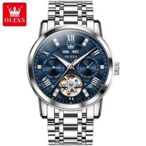 OLEVS 6701 Luxury Skeleton Flywheel Automatic Watch for Men Dual Calendar Wrist Clock Waterproof Luminous Stainless Steel Watch