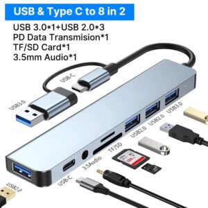 USB HUB 8 in 2 TypeC/USB3.0 To TF/PD +3.5mm Audio 5 in 2 HUB USB C Multi Splitter High Speed For PC/Laptop/Macbook Pro/Switch