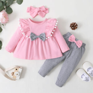 0-2 Year Old Newborn Baby Girl Spring and Autumn Round Neck Long sleeved Dress with Solid Color Pants Fashion Set