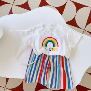 Girls Rainbow Clothes Sets Summer Children Short Sleeve Suits Baby Kids T-shirt Tops+Pants 2Pcs Teenage Thin Outfits 1-8 Years