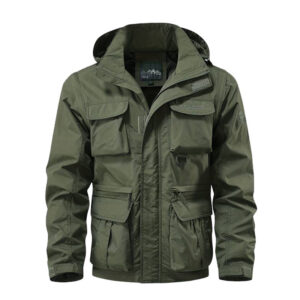 Detachable windproof hooded jacket, men’s casual waterproof multi bag cargo jacket vest suitable for outdoor activities