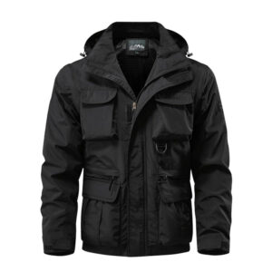 Detachable windproof hooded jacket, men’s casual waterproof multi bag cargo jacket vest suitable for outdoor activities