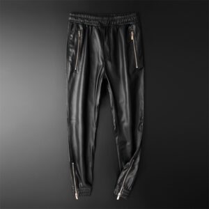 Men’s Leather Pants Superior Quality Elastic Waist Jogger Pants PU Leather Motorcycle Trousers Biker’s Pants