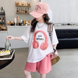 Girls Summer T-Shirt Short-Sleeved Suit Korean Version of the New Casual Summer Sports Children’s Short-Sleeved Shorts Two-Piece