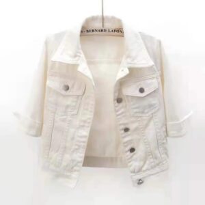 Womens Jean Jacket Cropped Denim Jackets Stretchy 3/4 Puff Sleeve Distressed Shacket With Pockets Purple Yellow White Outerwear